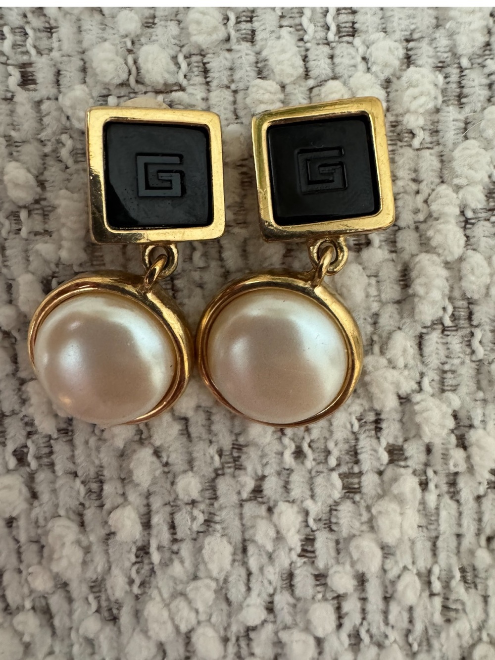 Vintage Givenchy Gold Tone Faux Pearl Drop Earrings Black Enamel Statement